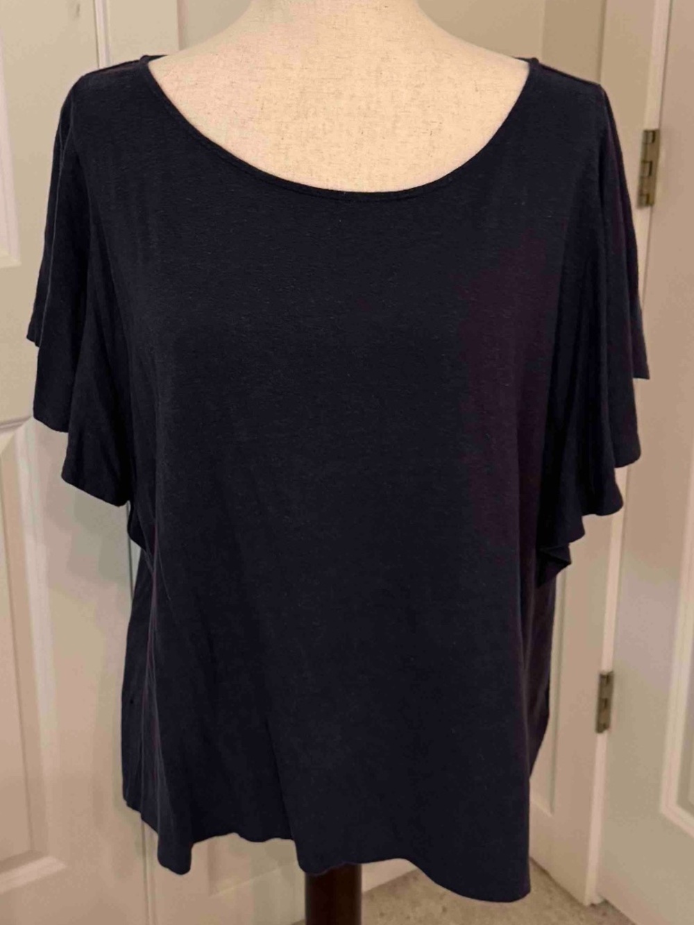 Navy Linen & Modal Flutter-Sleeve Tee Sz XL